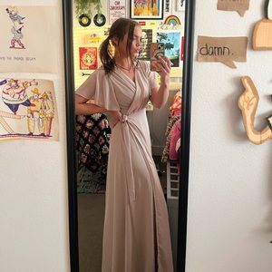 Beige wrap around gown.